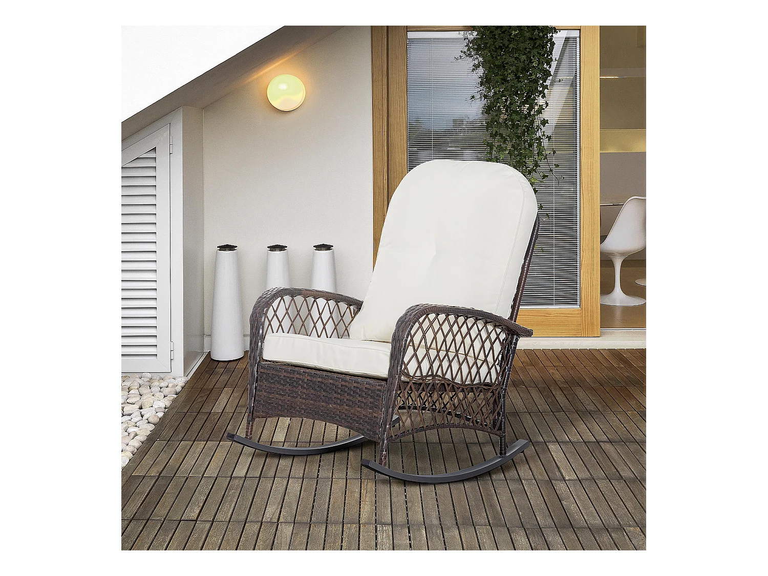 Fauteuil à bascule rocking chair intérieur extérieur en résine tressée avec coussins moelleux - dim. 75L x 103P x 96H cm - marron crème