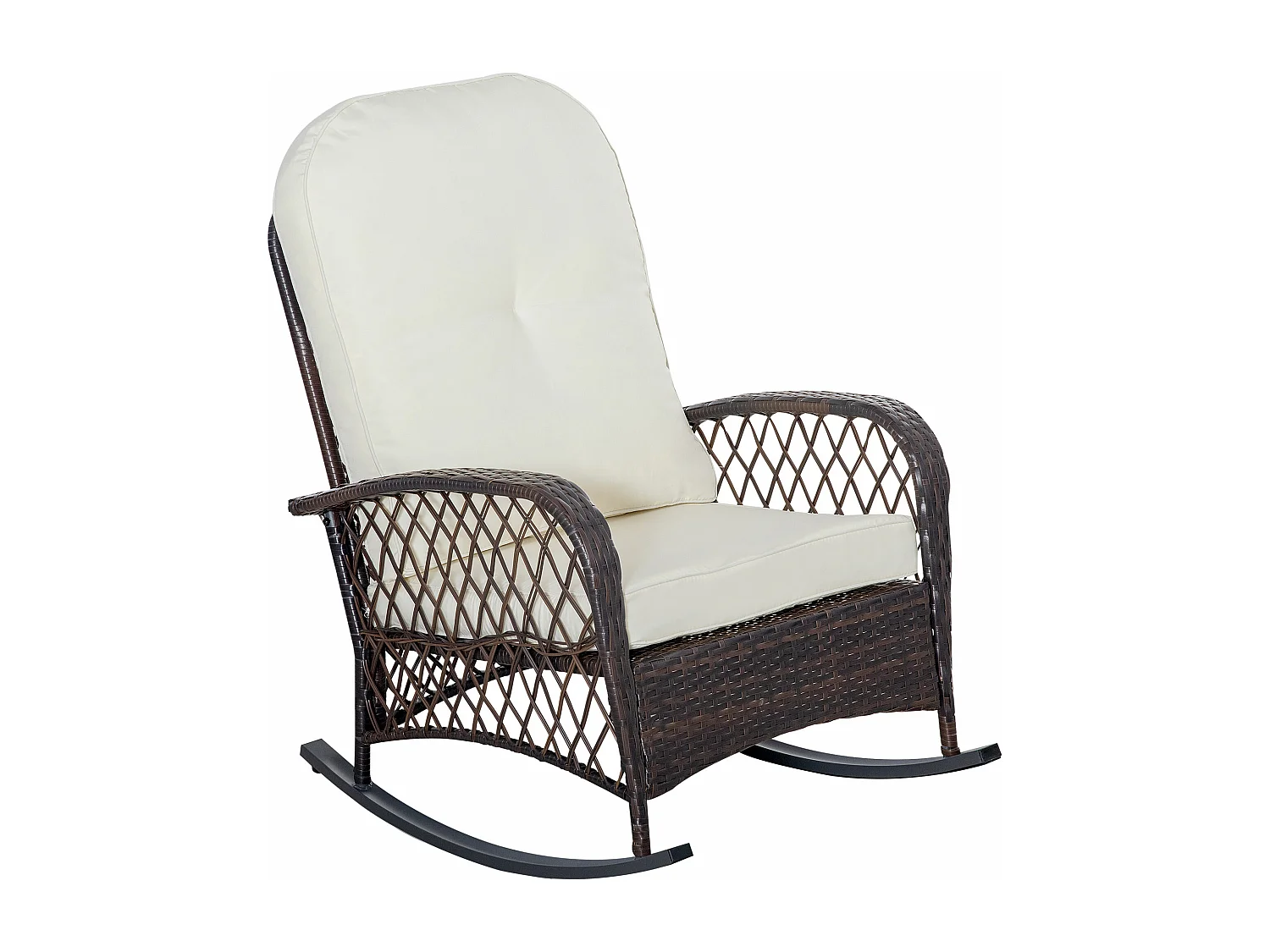 Fauteuil à bascule rocking chair intérieur extérieur en résine tressée avec coussins moelleux - dim. 75L x 103P x 96H cm - marron crème