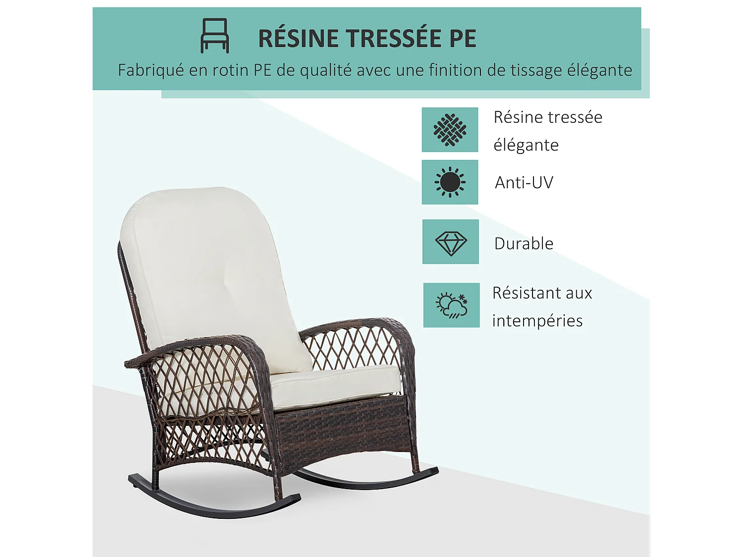 Fauteuil à bascule rocking chair intérieur extérieur en résine tressée avec coussins moelleux - dim. 75L x 103P x 96H cm - marron crème