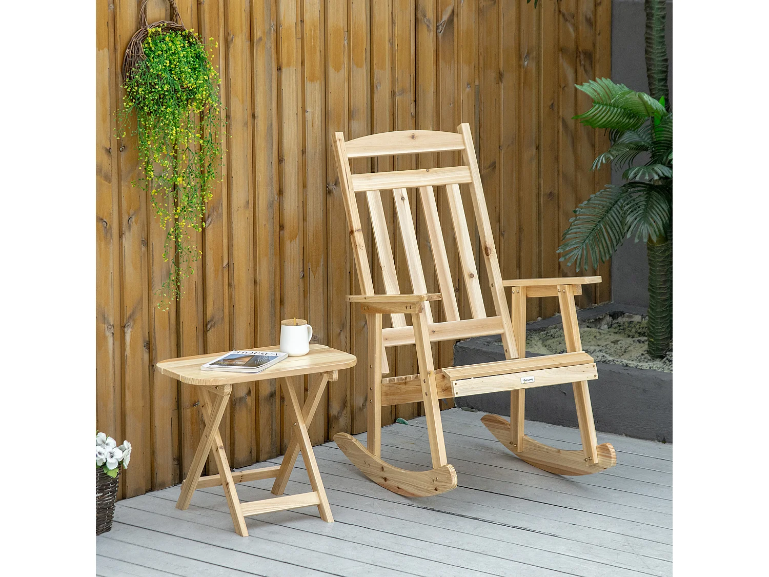 Fauteuil de jardin à bascule avec table basse rocking chair style rural chic bois sapin pré-huilé