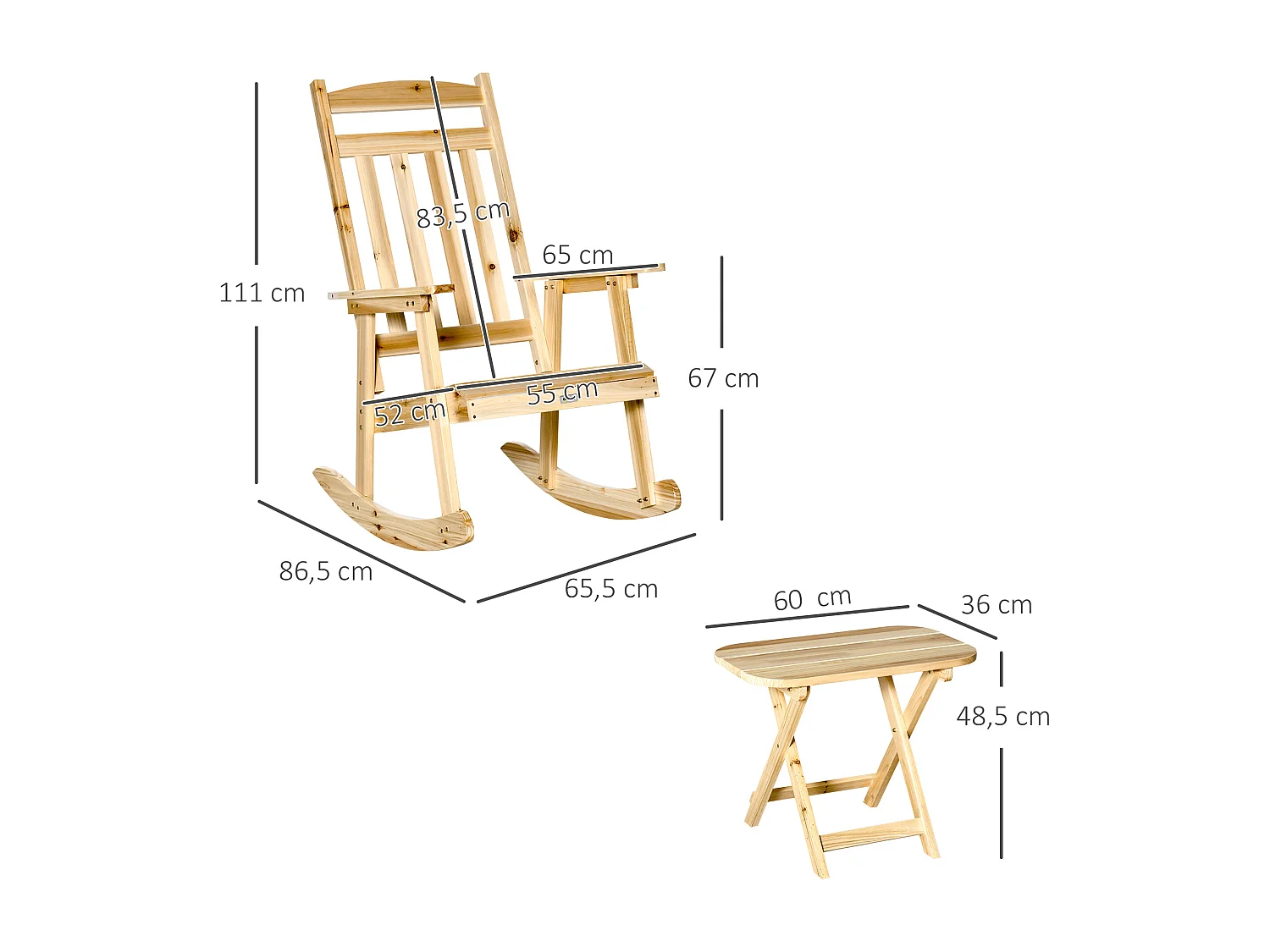 Fauteuil de jardin à bascule avec table basse rocking chair style rural chic bois sapin pré-huilé