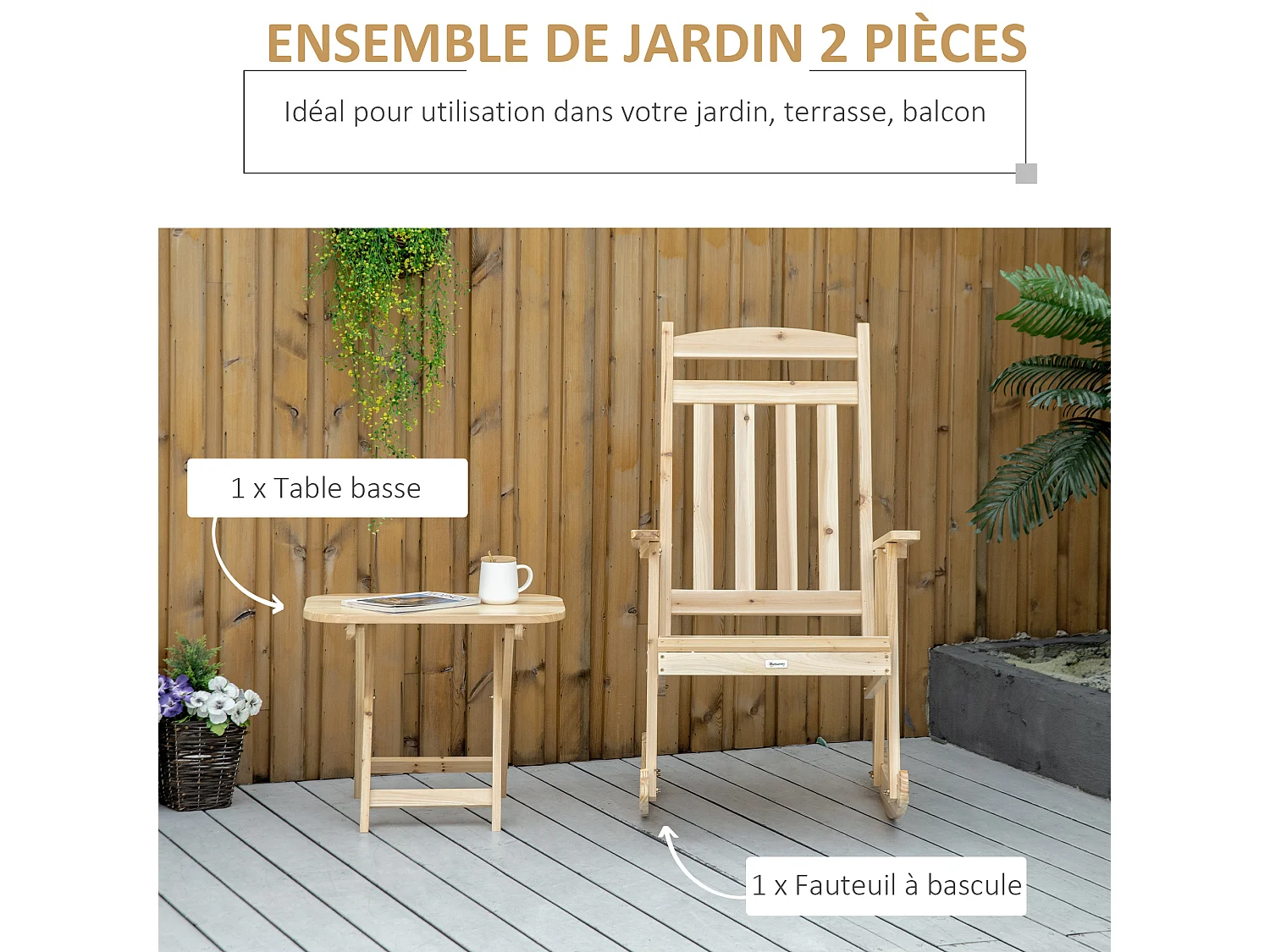 Fauteuil de jardin à bascule avec table basse rocking chair style rural chic bois sapin pré-huilé