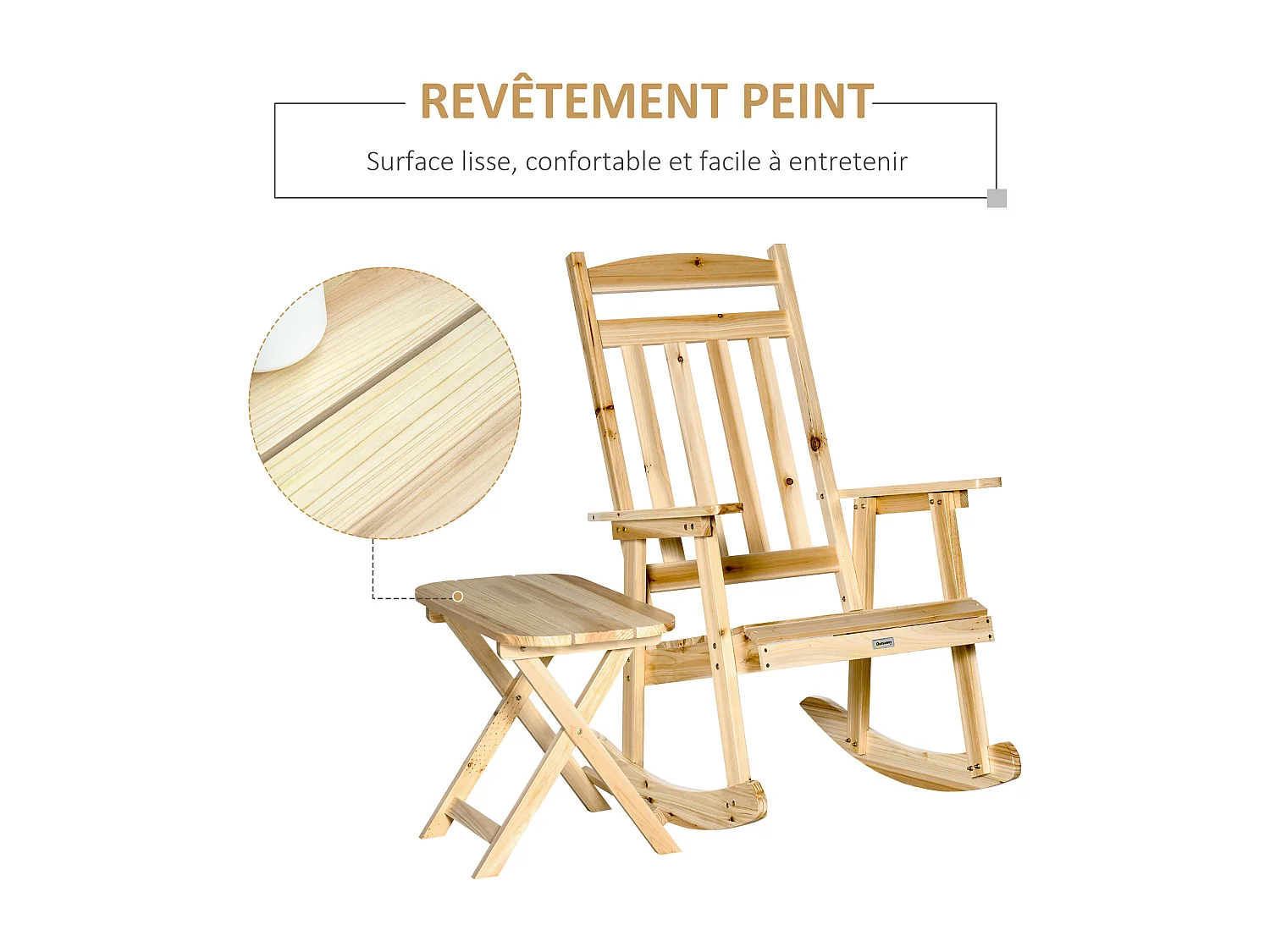 Fauteuil de jardin à bascule avec table basse rocking chair style rural chic bois sapin pré-huilé