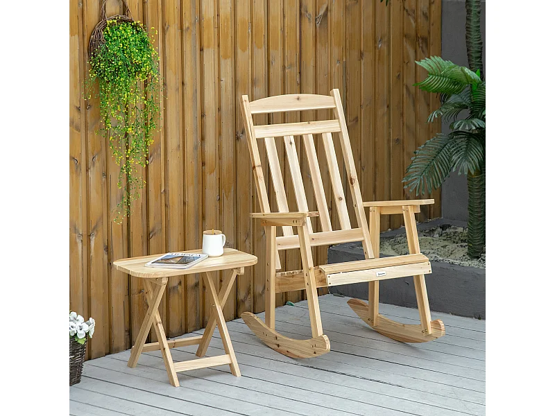 Fauteuil de jardin à bascule avec table basse rocking chair style rural chic bois sapin pré-huilé