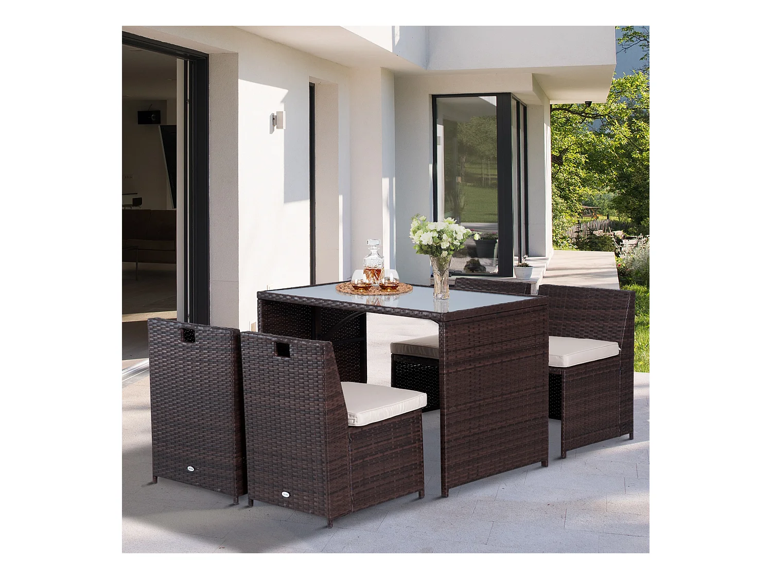 Ensemble salon de jardin encastrable 4 chaises monoblocs avec coussins déhoussables et table résine tressée chocolat