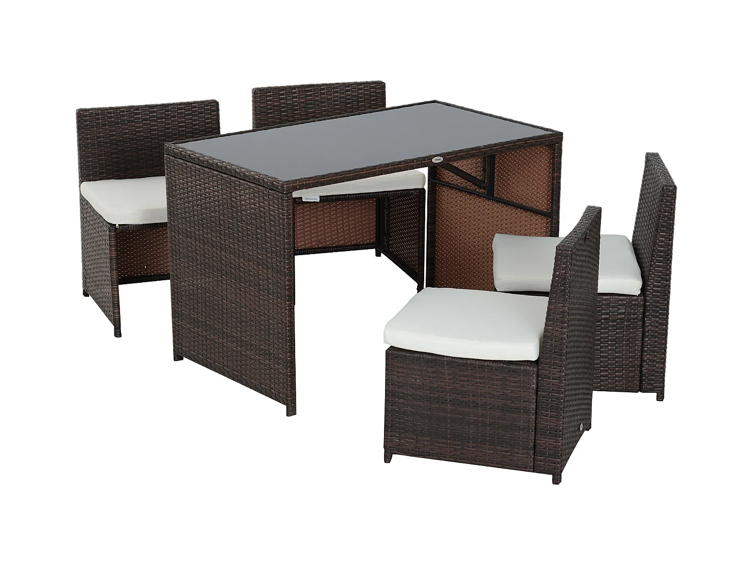 Ensemble salon de jardin encastrable 4 chaises monoblocs avec coussins déhoussables et table résine tressée chocolat