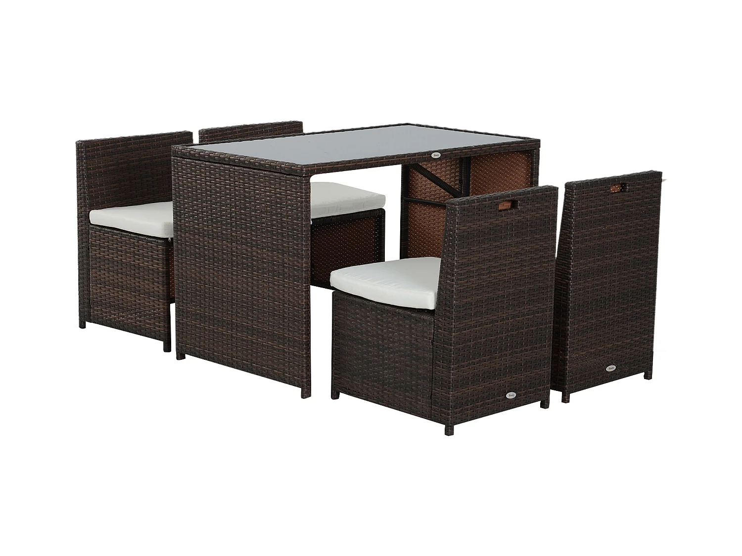 Ensemble salon de jardin encastrable 4 chaises monoblocs avec coussins déhoussables et table résine tressée chocolat