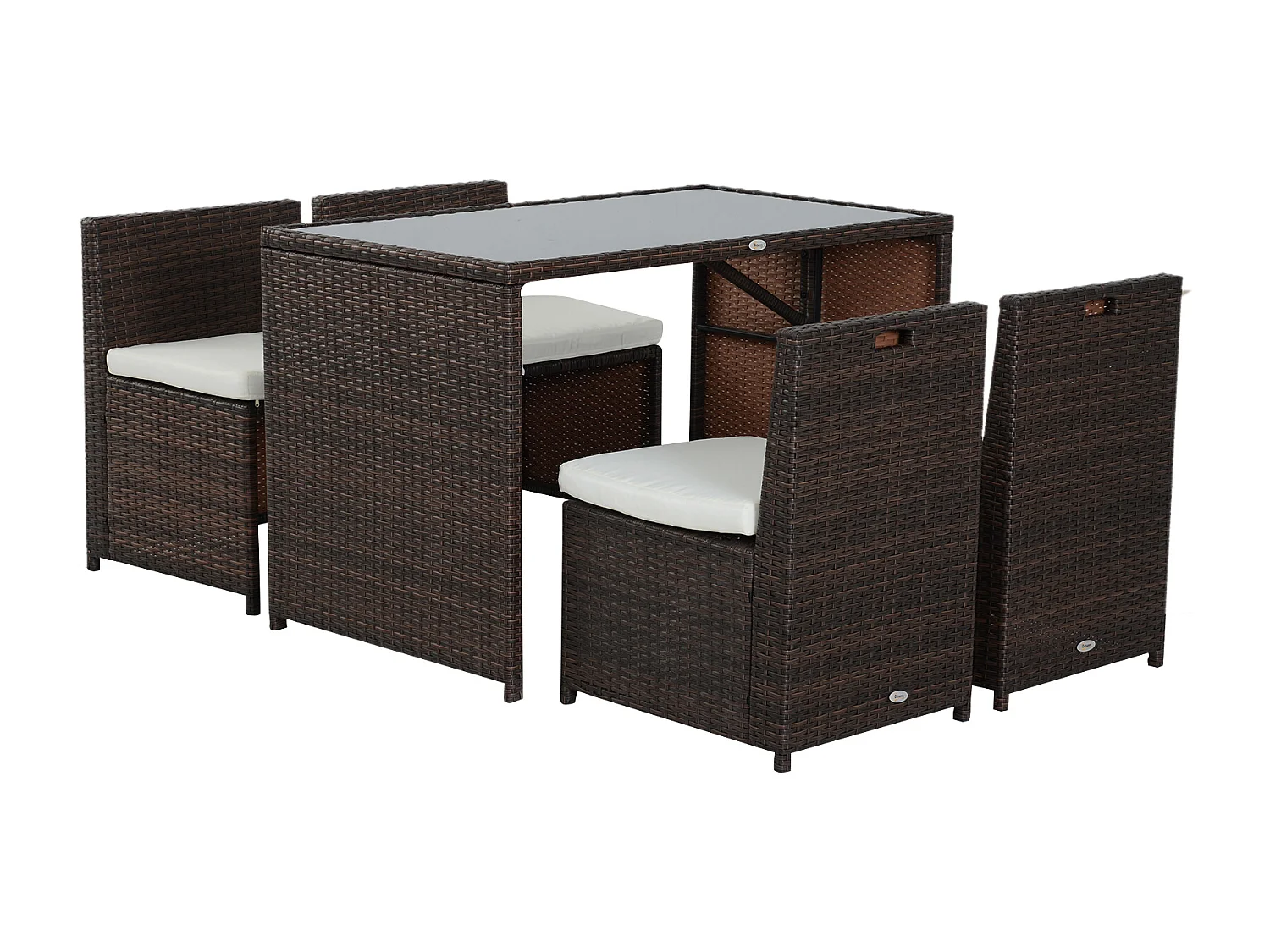 Ensemble salon de jardin encastrable 4 chaises monoblocs avec coussins déhoussables et table résine tressée chocolat