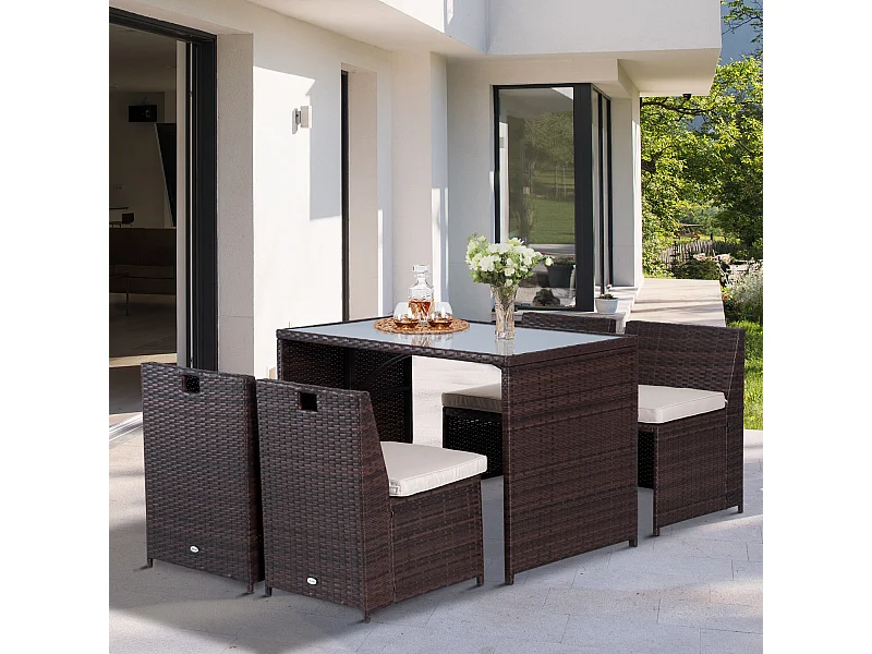 Ensemble salon de jardin encastrable 4 chaises monoblocs avec coussins déhoussables et table résine tressée chocolat