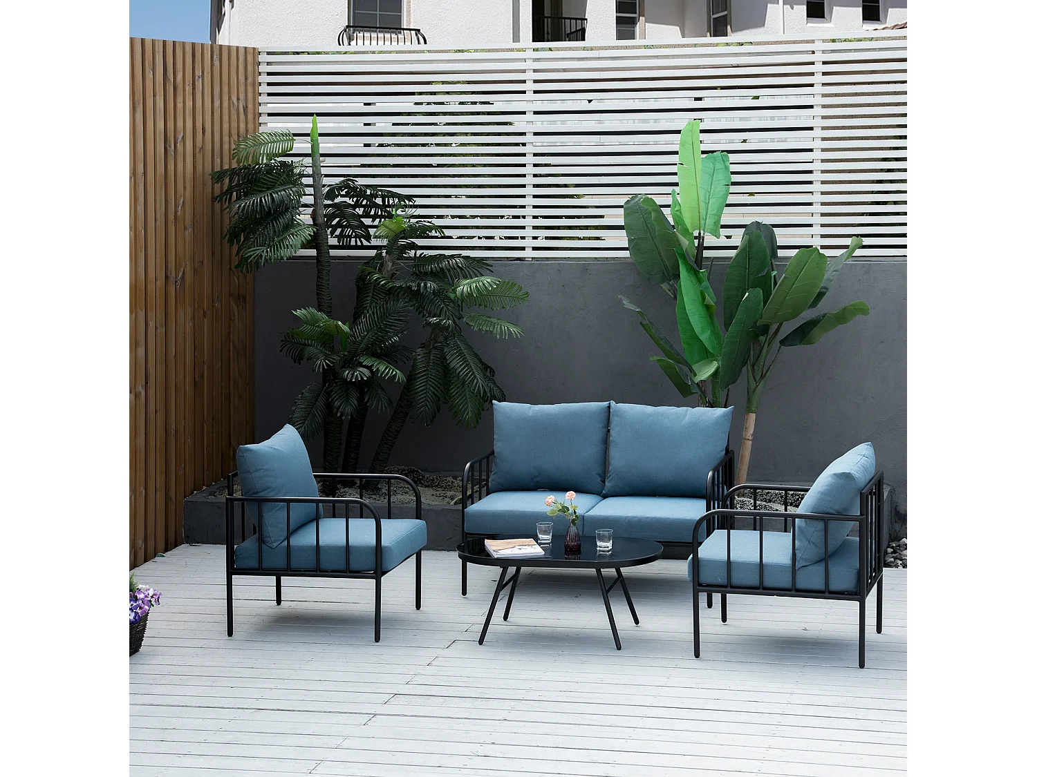 Ensemble salon de jardin 4 places 4 pièces style néo-rétro - coussins déperlants déhoussables - métal époxy noir polyester bleu