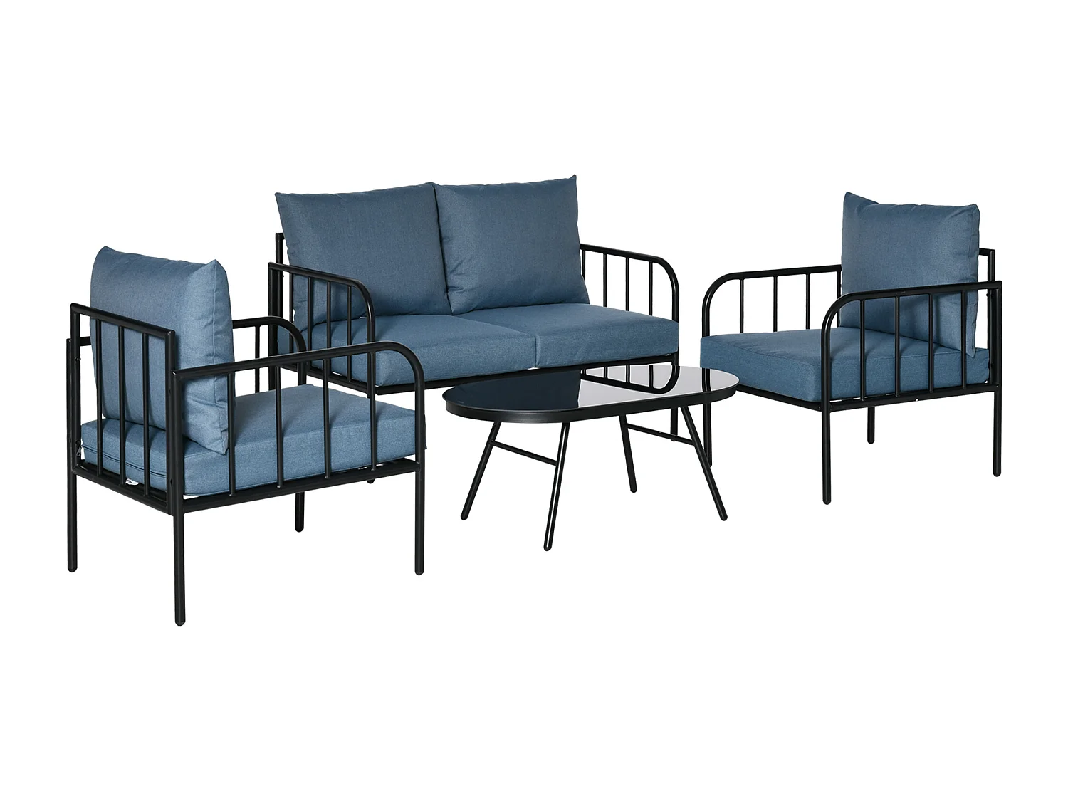 Ensemble salon de jardin 4 places 4 pièces style néo-rétro - coussins déperlants déhoussables - métal époxy noir polyester bleu