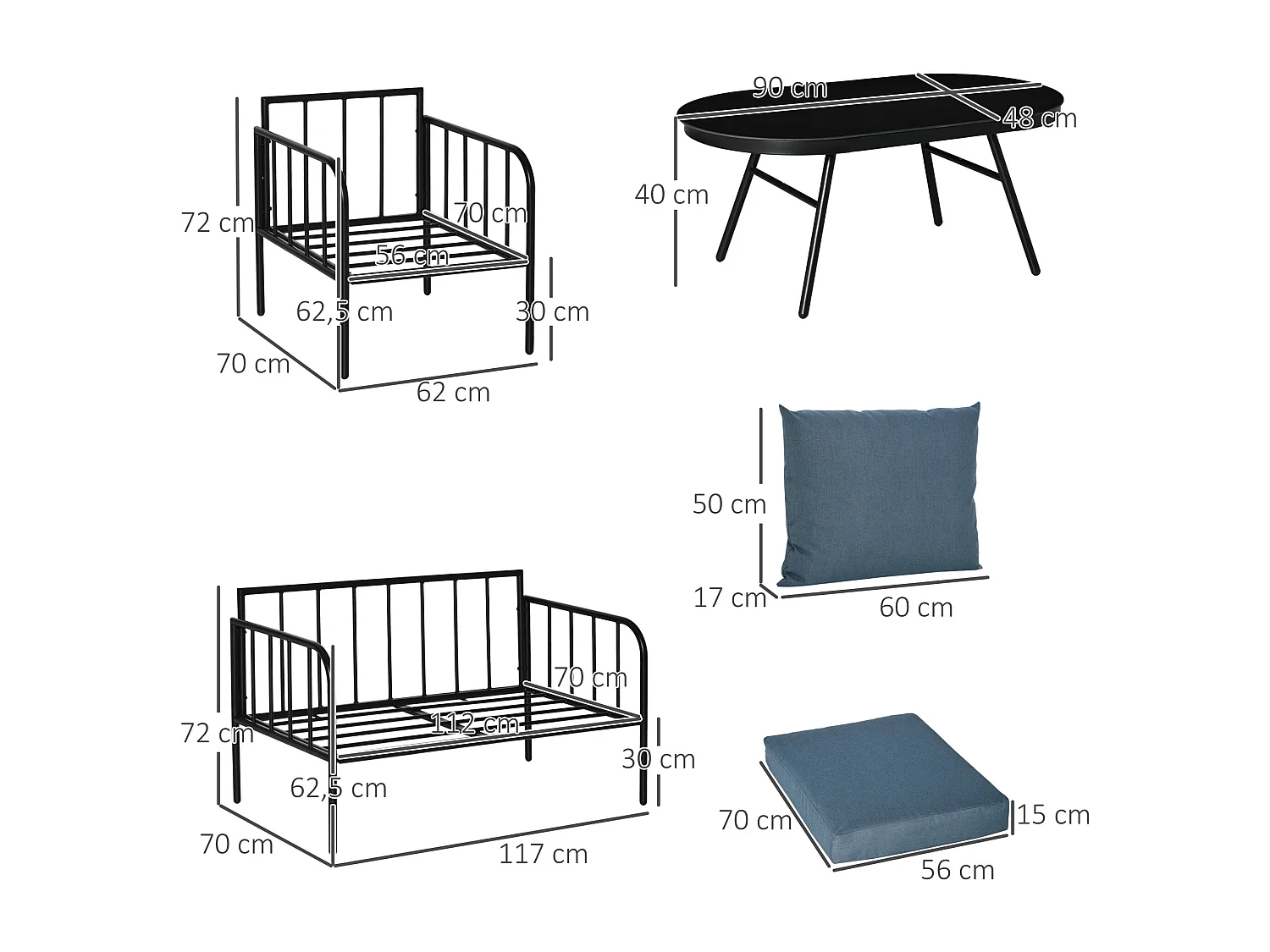 Ensemble salon de jardin 4 places 4 pièces style néo-rétro - coussins déperlants déhoussables - métal époxy noir polyester bleu
