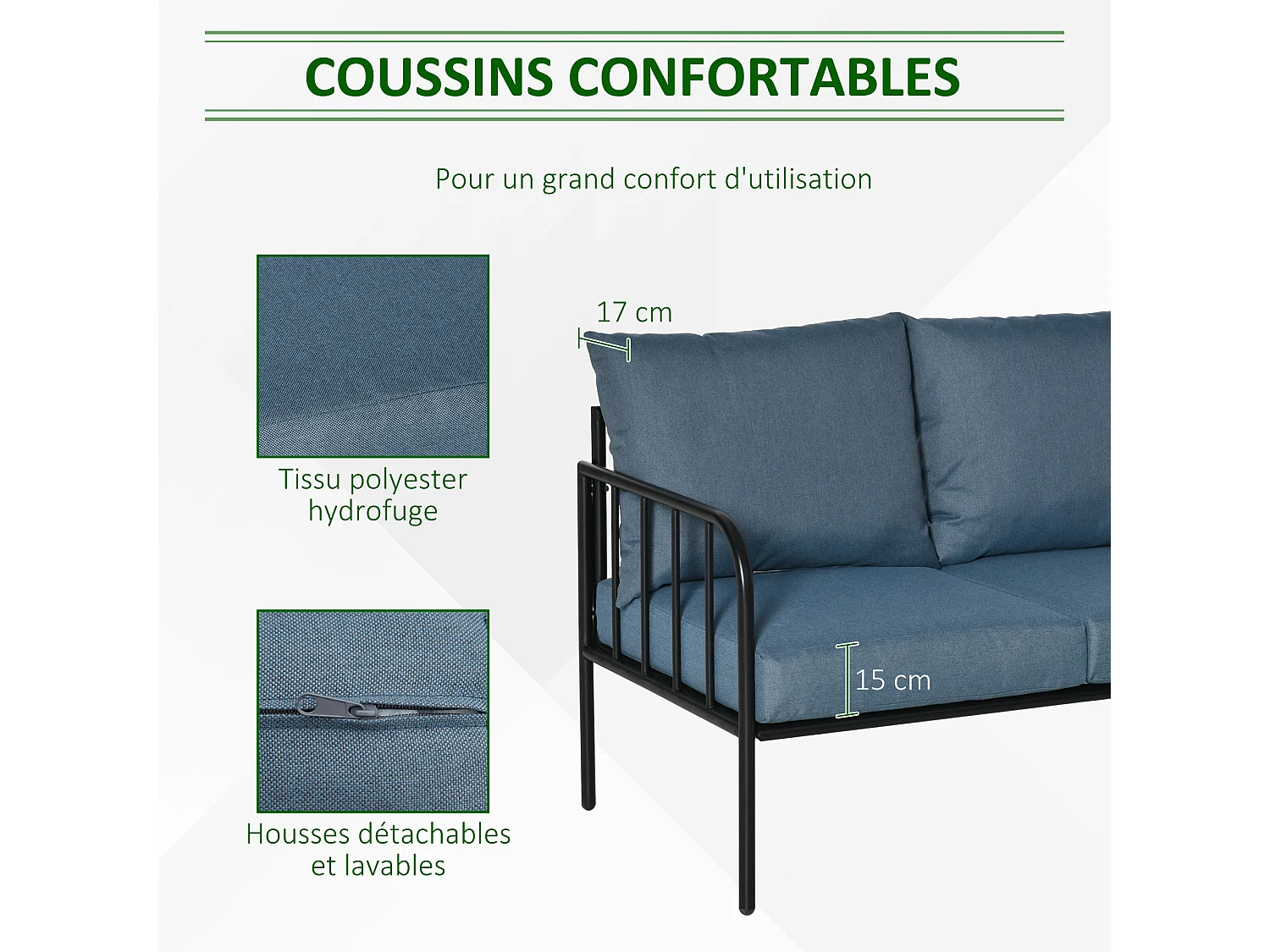Ensemble salon de jardin 4 places 4 pièces style néo-rétro - coussins déperlants déhoussables - métal époxy noir polyester bleu