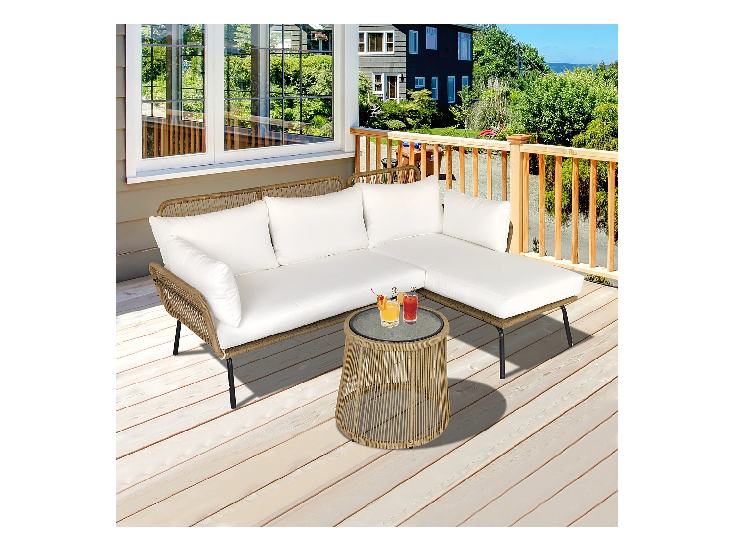 Salon de jardin d'angle 4 pers. style colonial table basse coussins grand confort inclus résine tressée beige