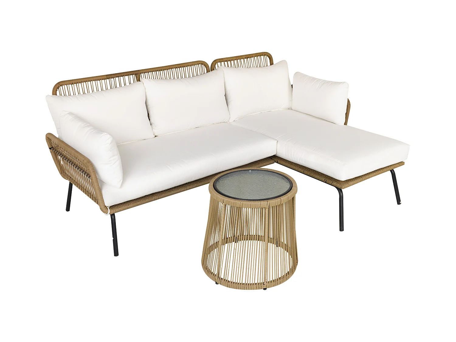 Salon de jardin d'angle 4 pers. style colonial table basse coussins grand confort inclus résine tressée beige