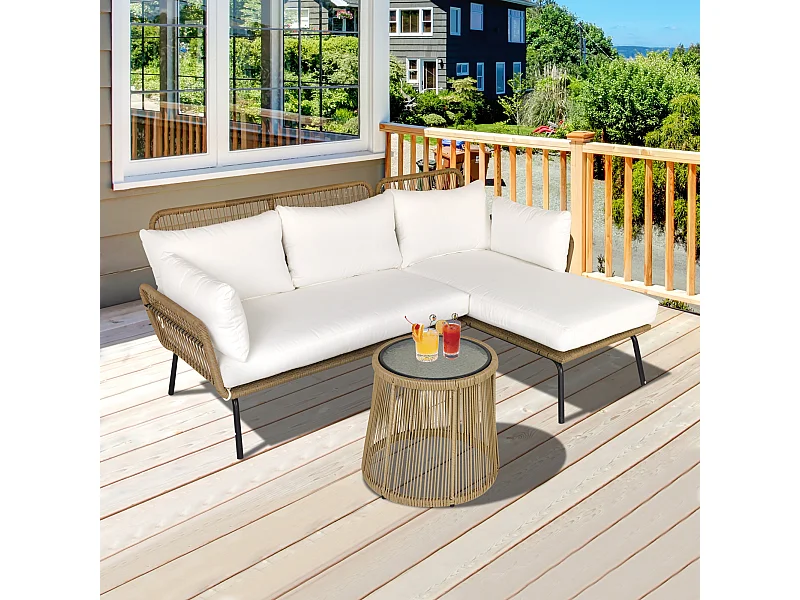 Salon de jardin d'angle 4 pers. style colonial table basse coussins grand confort inclus résine tressée beige