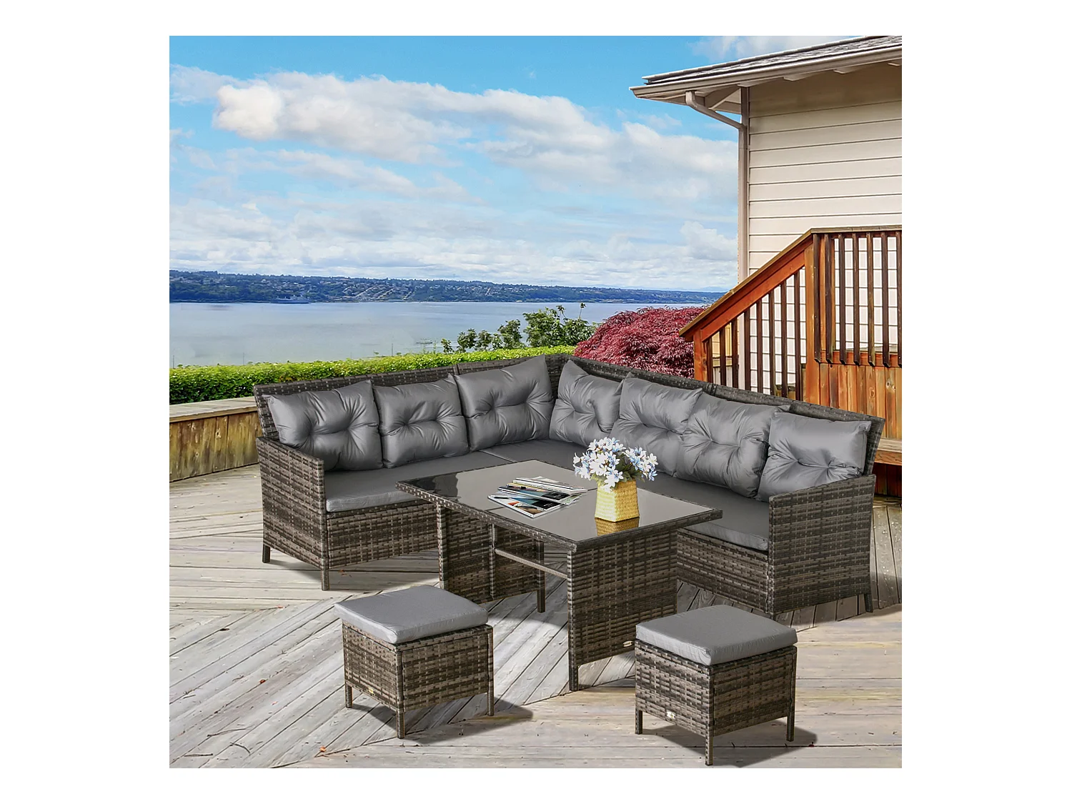 Salon de jardin 8 pers. grand confort canapé d'angle + 2 poufs + table à manger 12 coussins assise & dossier fournis polyester résine tressée grise