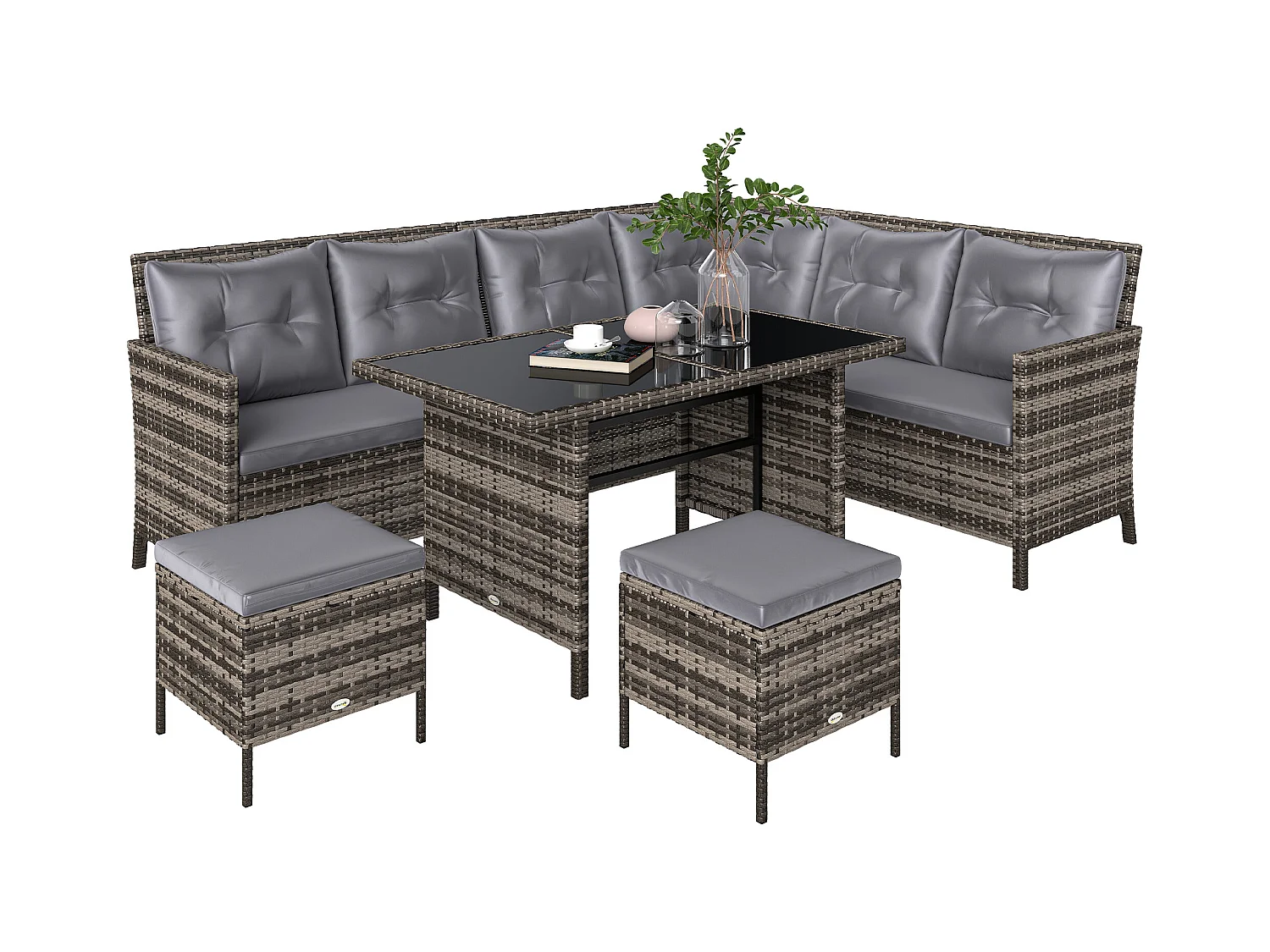 Salon de jardin 8 pers. grand confort canapé d'angle + 2 poufs + table à manger 12 coussins assise & dossier fournis polyester résine tressée grise