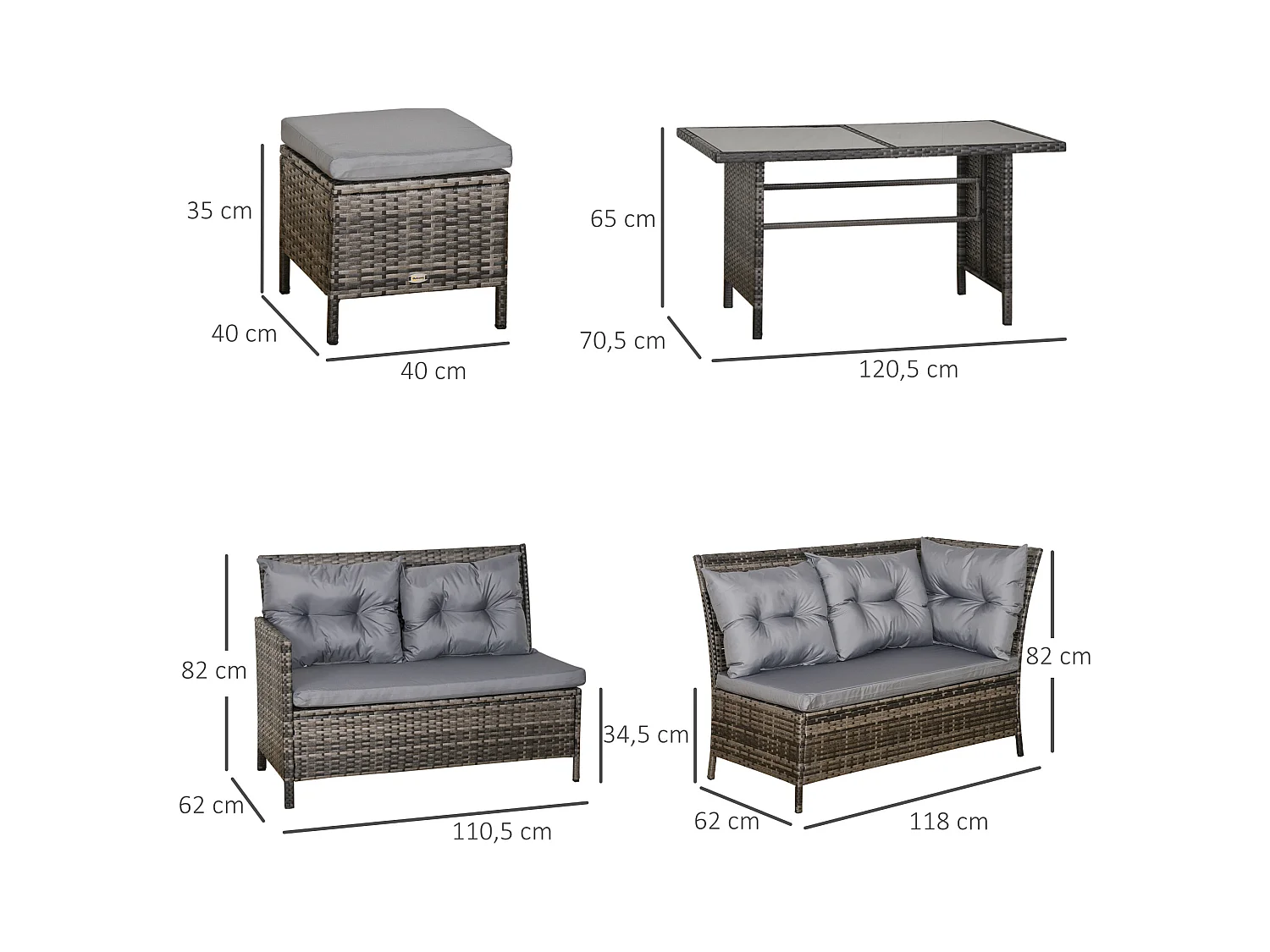 Salon de jardin 8 pers. grand confort canapé d'angle + 2 poufs + table à manger 12 coussins assise & dossier fournis polyester résine tressée grise