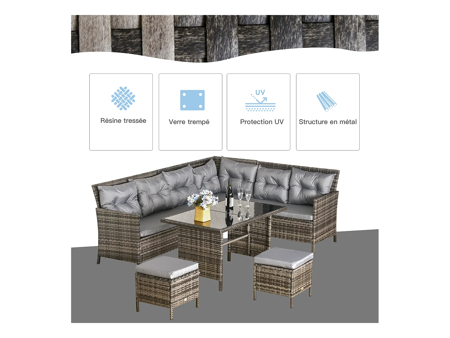 Salon de jardin 8 pers. grand confort canapé d'angle + 2 poufs + table à manger 12 coussins assise & dossier fournis polyester résine tressée grise
