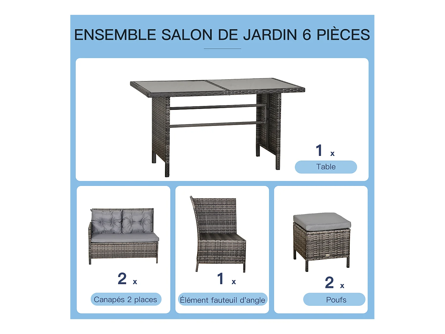 Salon de jardin 8 pers. grand confort canapé d'angle + 2 poufs + table à manger 12 coussins assise & dossier fournis polyester résine tressée grise