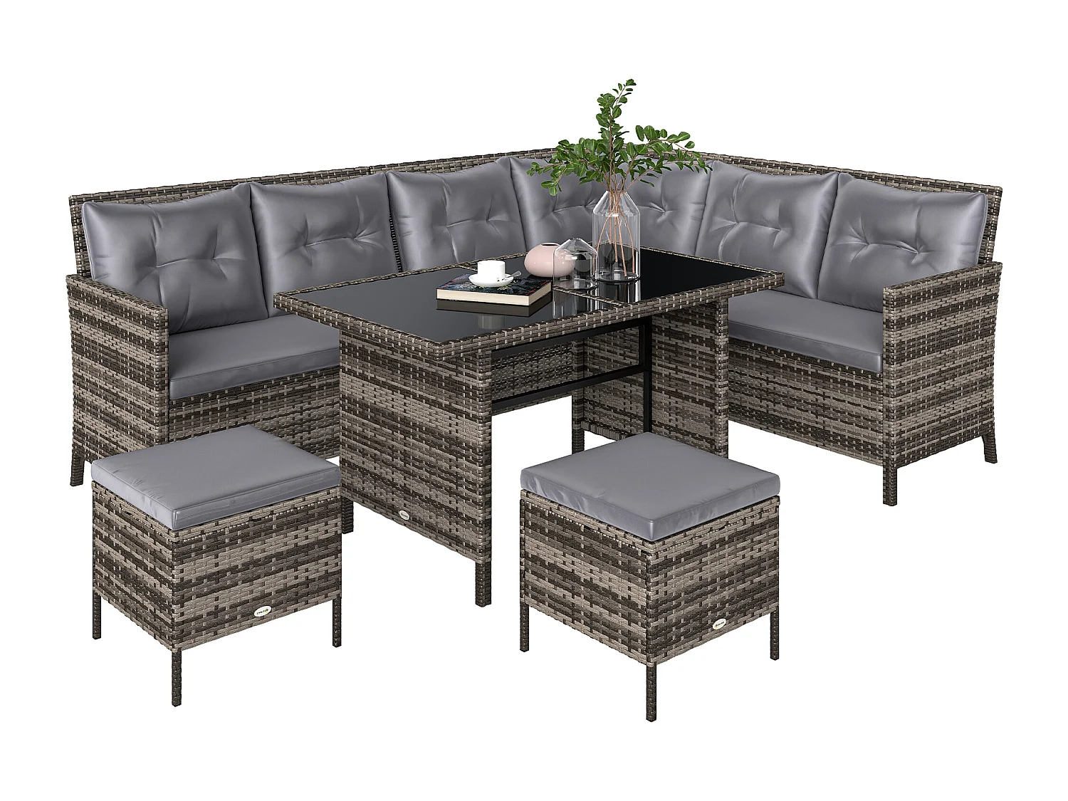 Salon de jardin 8 pers. grand confort canapé d'angle + 2 poufs + table à manger 12 coussins assise & dossier fournis polyester résine tressée grise