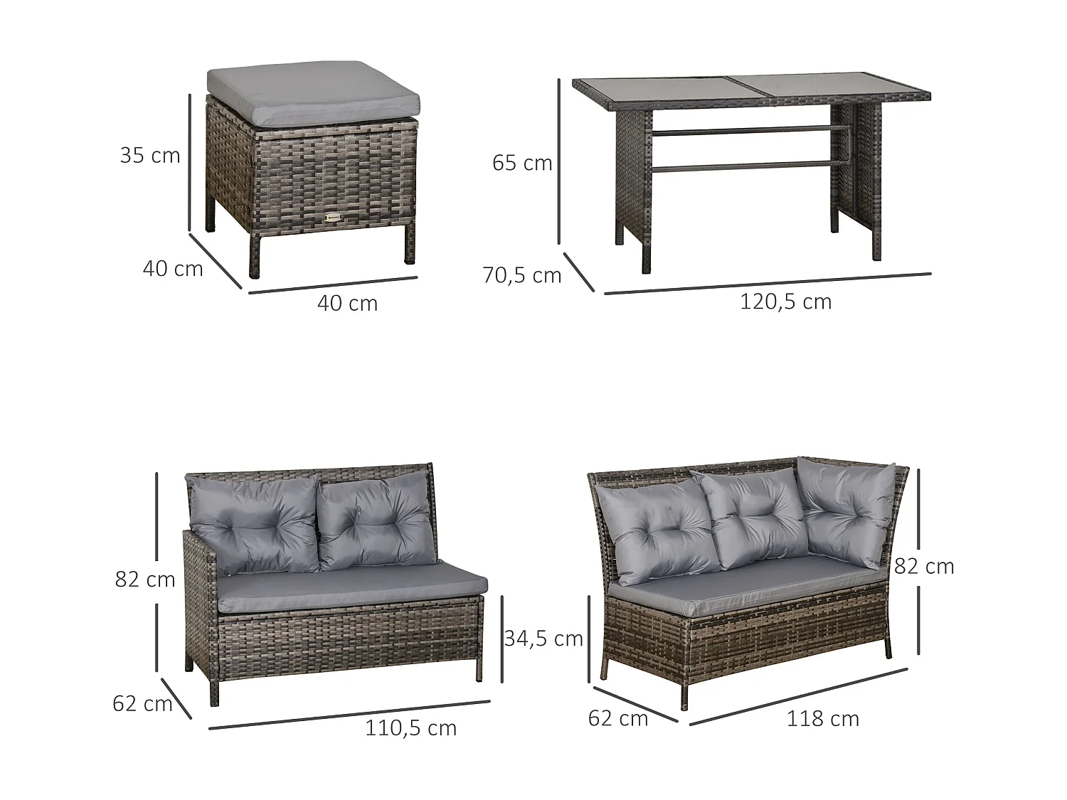 Salon de jardin 8 pers. grand confort canapé d'angle + 2 poufs + table à manger 12 coussins assise & dossier fournis polyester résine tressée grise