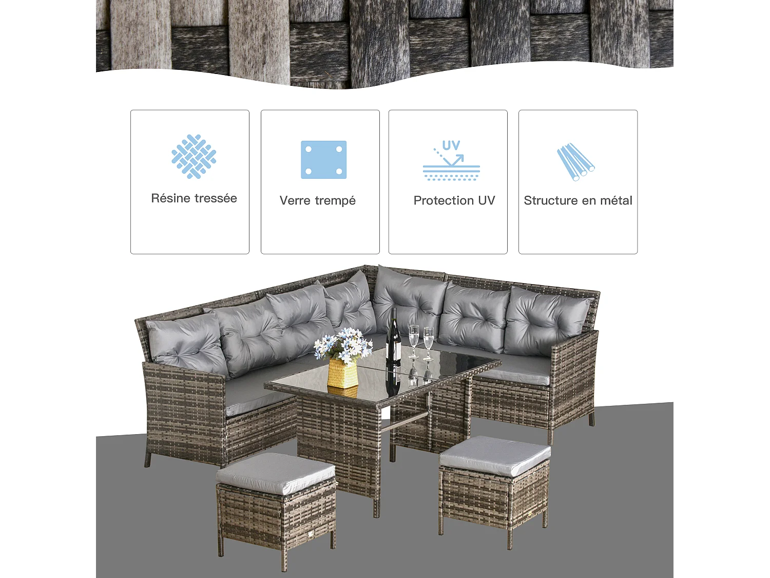 Salon de jardin 8 pers. grand confort canapé d'angle + 2 poufs + table à manger 12 coussins assise & dossier fournis polyester résine tressée grise