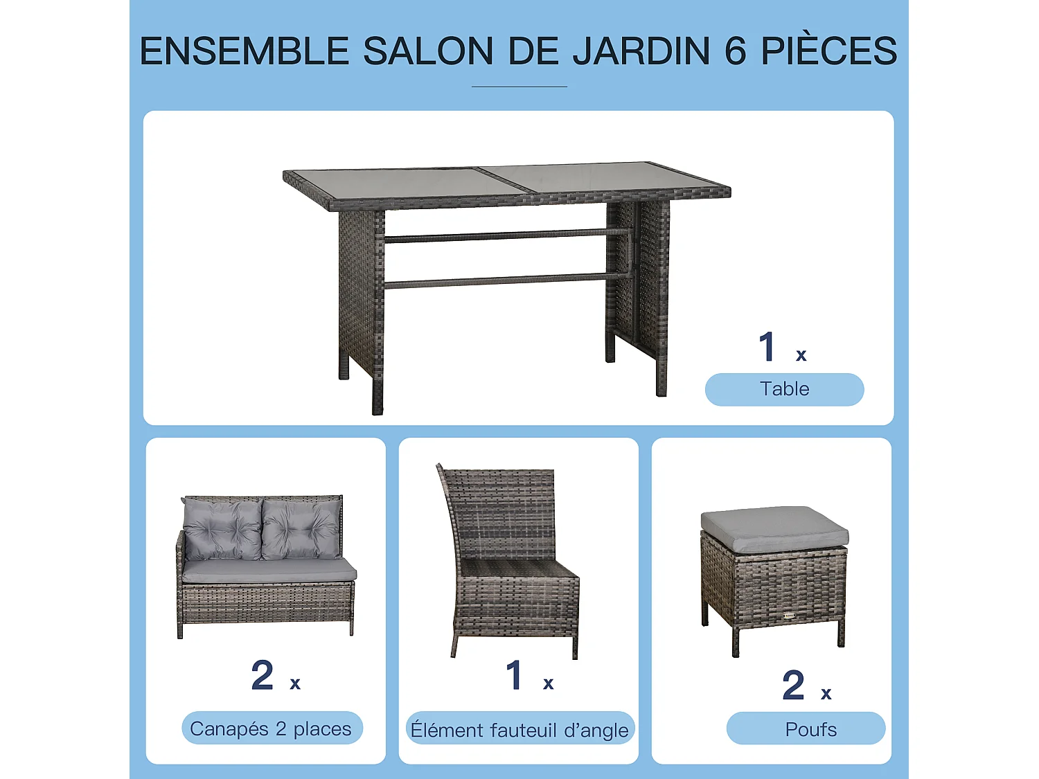 Salon de jardin 8 pers. grand confort canapé d'angle + 2 poufs + table à manger 12 coussins assise & dossier fournis polyester résine tressée grise