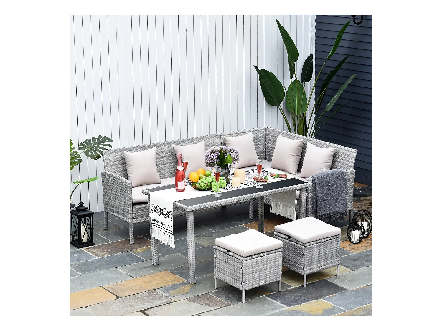 Salon de jardin 6 pers. grand confort canapé d'angle + 2 poufs + table à manger 9 coussins assise & dossier fournis résine tressée grise