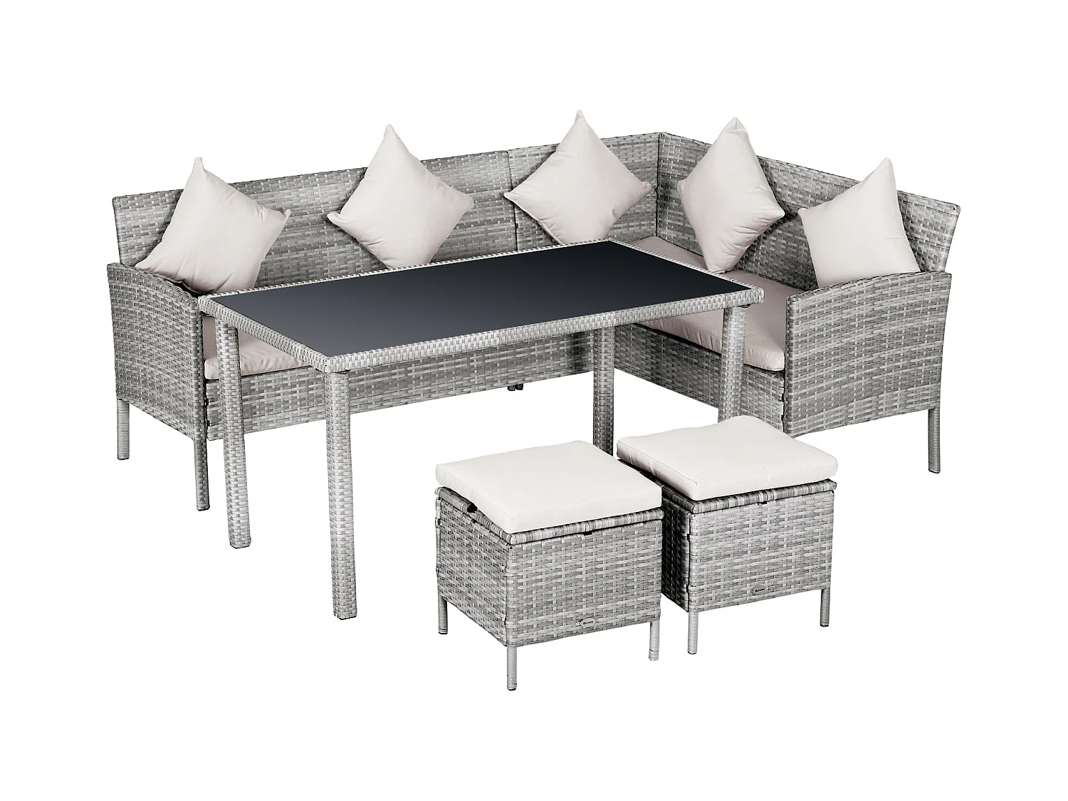 Salon de jardin 6 pers. grand confort canapé d'angle + 2 poufs + table à manger 9 coussins assise & dossier fournis résine tressée grise