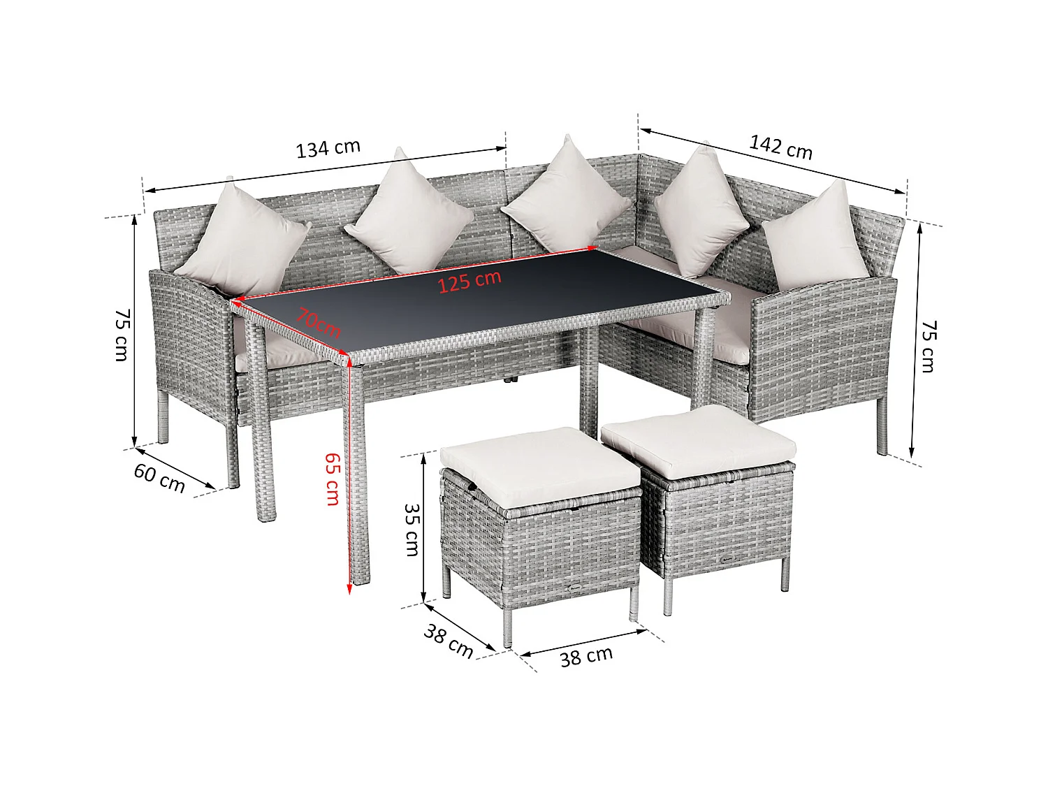 Salon de jardin 6 pers. grand confort canapé d'angle + 2 poufs + table à manger 9 coussins assise & dossier fournis résine tressée grise