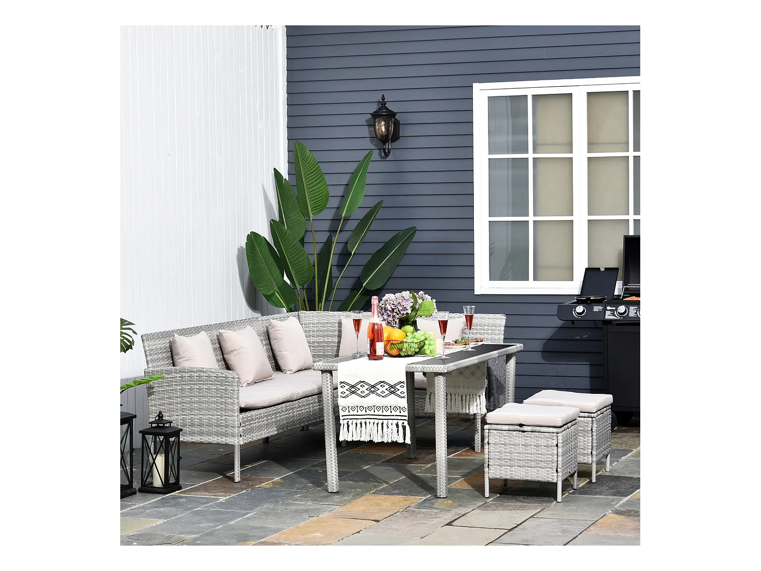 Salon de jardin 6 pers. grand confort canapé d'angle + 2 poufs + table à manger 9 coussins assise & dossier fournis résine tressée grise