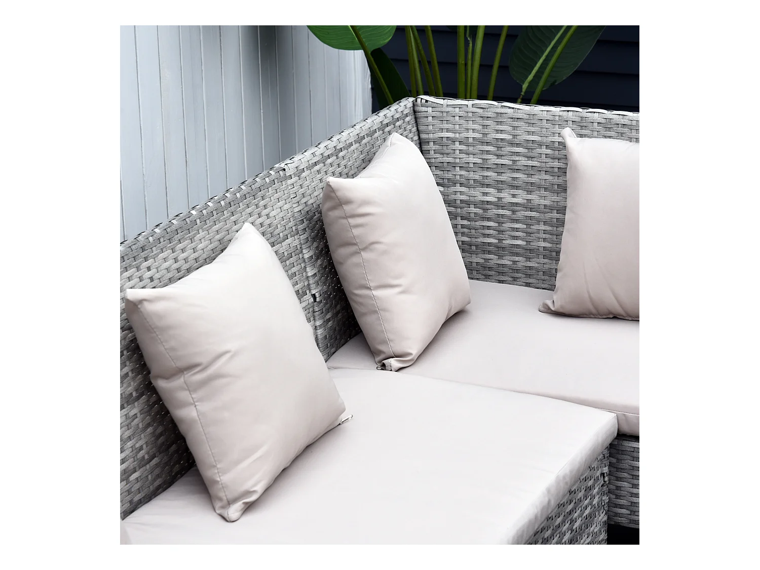 Salon de jardin 6 pers. grand confort canapé d'angle + 2 poufs + table à manger 9 coussins assise & dossier fournis résine tressée grise