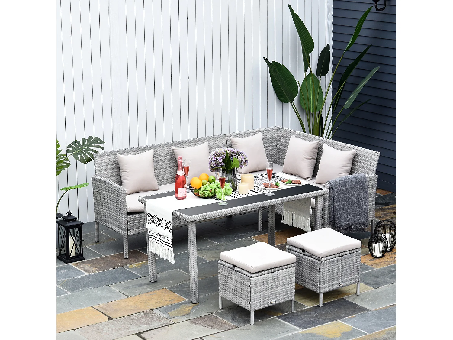 Salon de jardin 6 pers. grand confort canapé d'angle + 2 poufs + table à manger 9 coussins assise & dossier fournis résine tressée grise