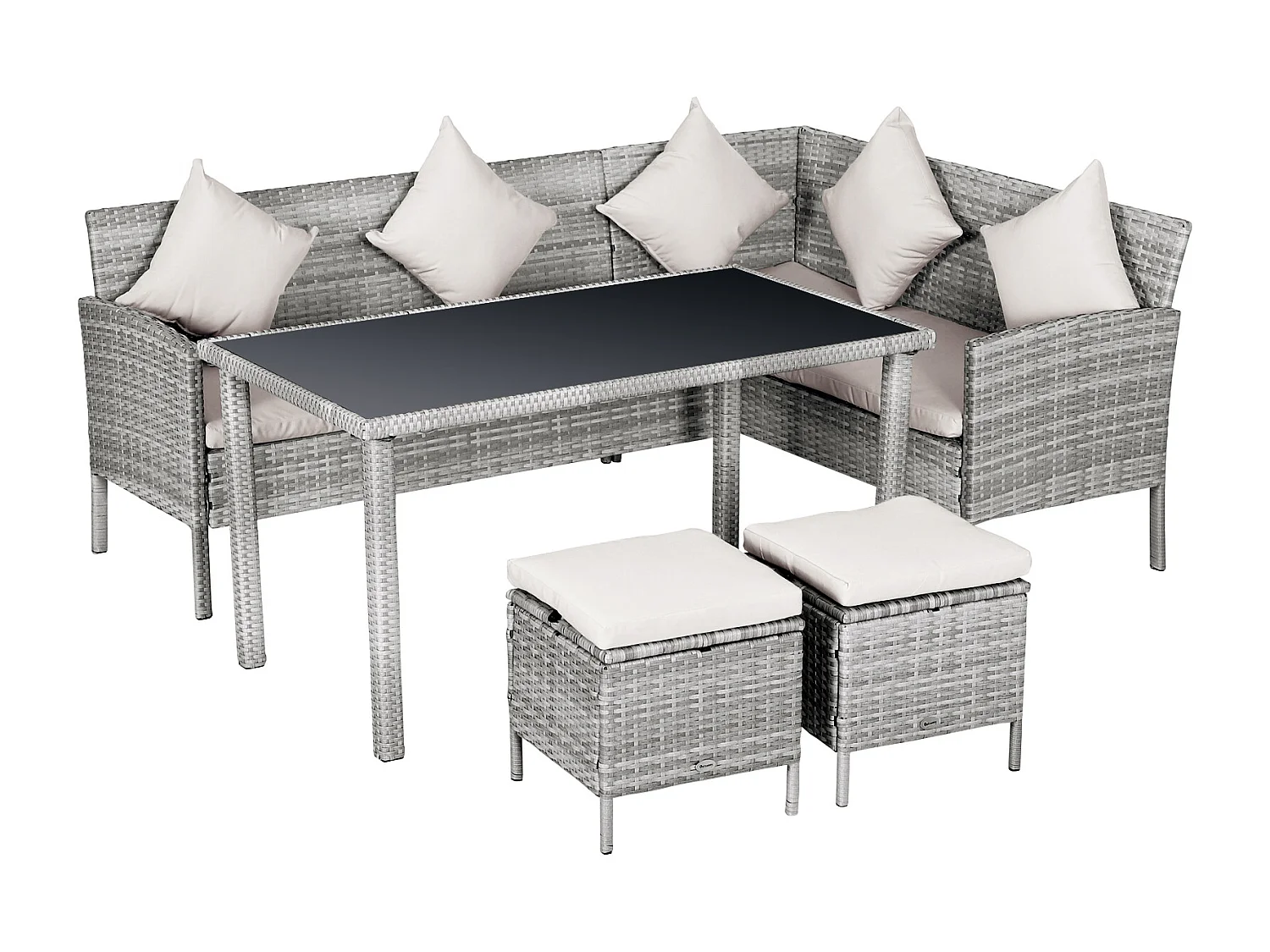 Salon de jardin 6 pers. grand confort canapé d'angle + 2 poufs + table à manger 9 coussins assise & dossier fournis résine tressée grise