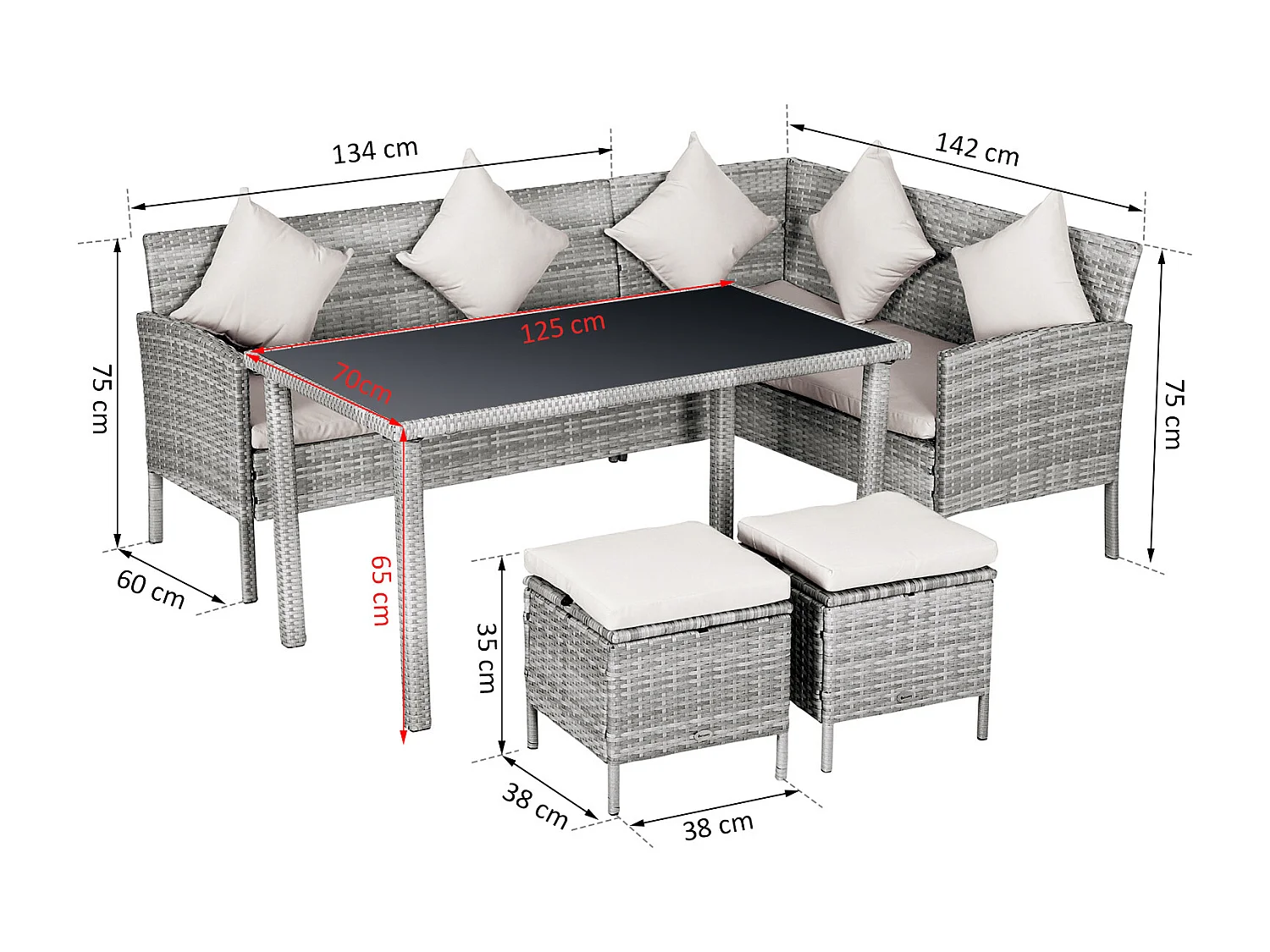Salon de jardin 6 pers. grand confort canapé d'angle + 2 poufs + table à manger 9 coussins assise & dossier fournis résine tressée grise