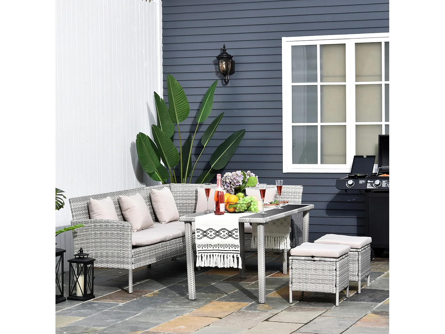 Salon de jardin 6 pers. grand confort canapé d'angle + 2 poufs + table à manger 9 coussins assise & dossier fournis résine tressée grise