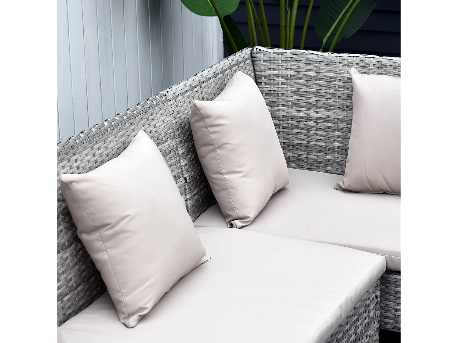 Salon de jardin 6 pers. grand confort canapé d'angle + 2 poufs + table à manger 9 coussins assise & dossier fournis résine tressée grise