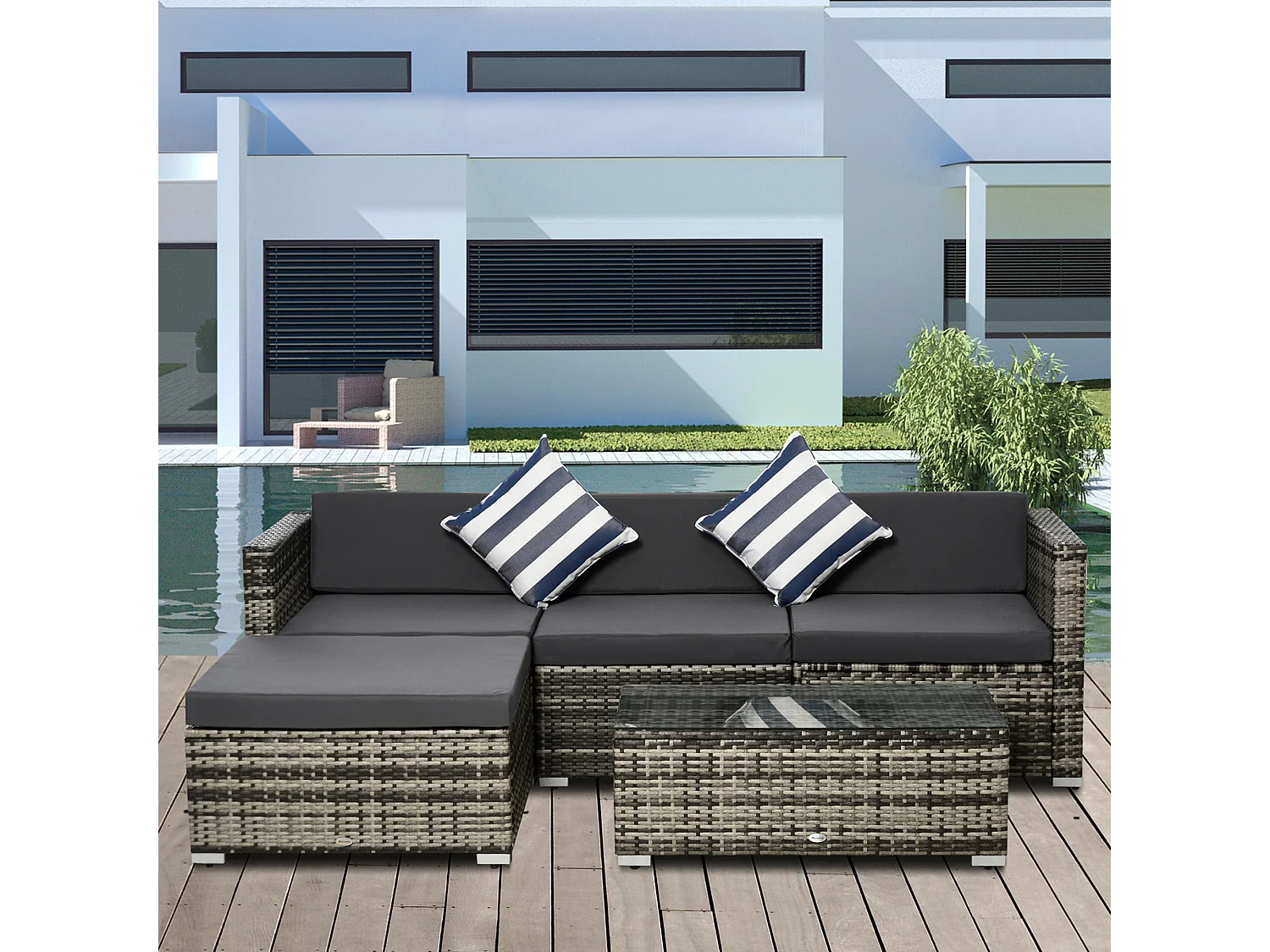 Ensemble salon de jardin 4 places 5 pièces coussins zippés déhoussables polyester résine tressée gris