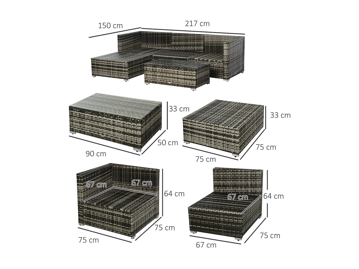 Ensemble salon de jardin 4 places 5 pièces coussins zippés déhoussables polyester résine tressée gris