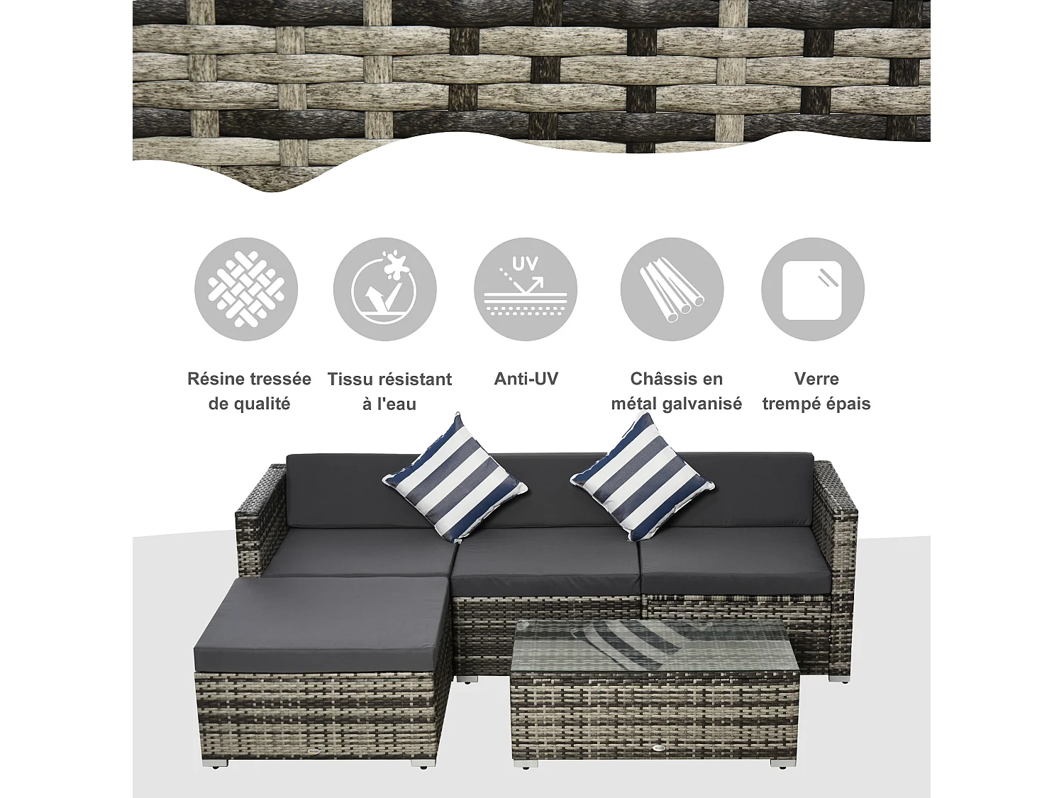 Ensemble salon de jardin 4 places 5 pièces coussins zippés déhoussables polyester résine tressée gris