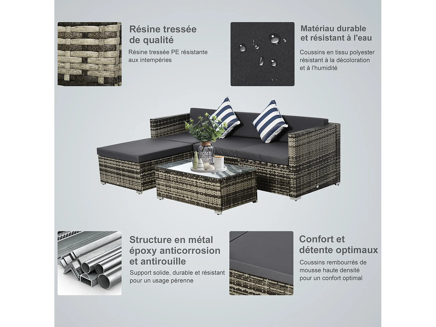 Ensemble salon de jardin 4 places 5 pièces coussins zippés déhoussables polyester résine tressée gris