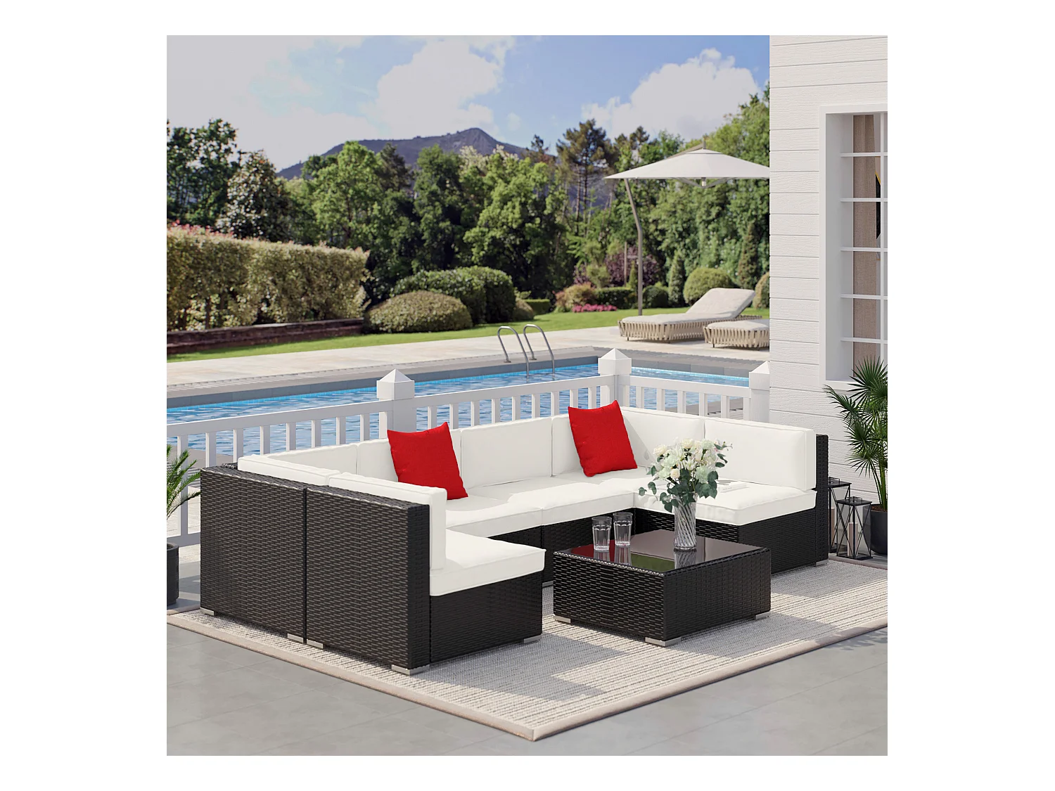 Ensemble salon de jardin 7 pièces modulables table basse plateau verre trempé coussins déhoussables inclus résine tressée imitation rotin brun foncé