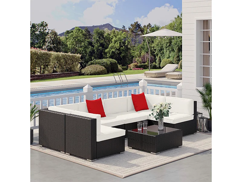 Ensemble salon de jardin 7 pièces modulables table basse plateau verre trempé coussins déhoussables inclus résine tressée imitation rotin brun foncé