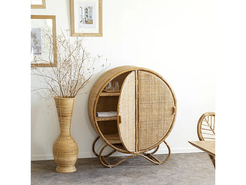 Jarrón alto de rayas en ratán natural para tallos XXL - Ambiente bohemio garantizado