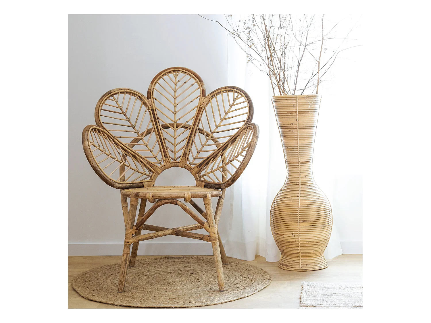 Jarrón alto de rayas en ratán natural para tallos XXL - Ambiente bohemio garantizado