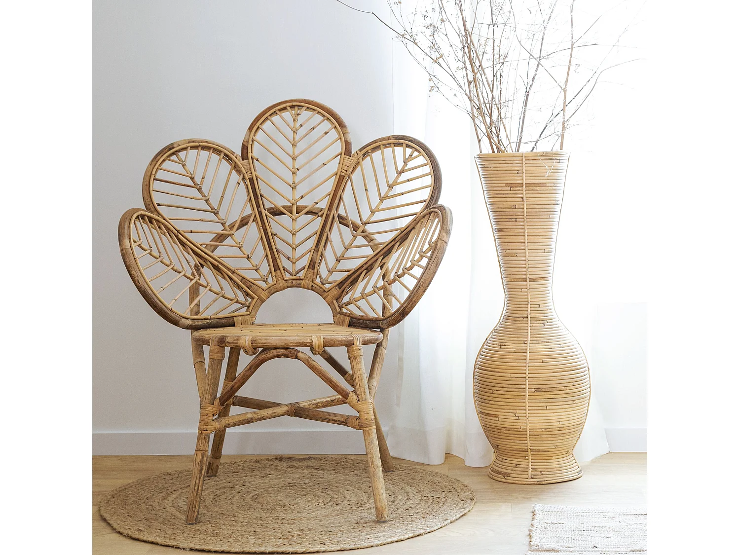 Jarrón alto de rayas en ratán natural para tallos XXL - Ambiente bohemio garantizado