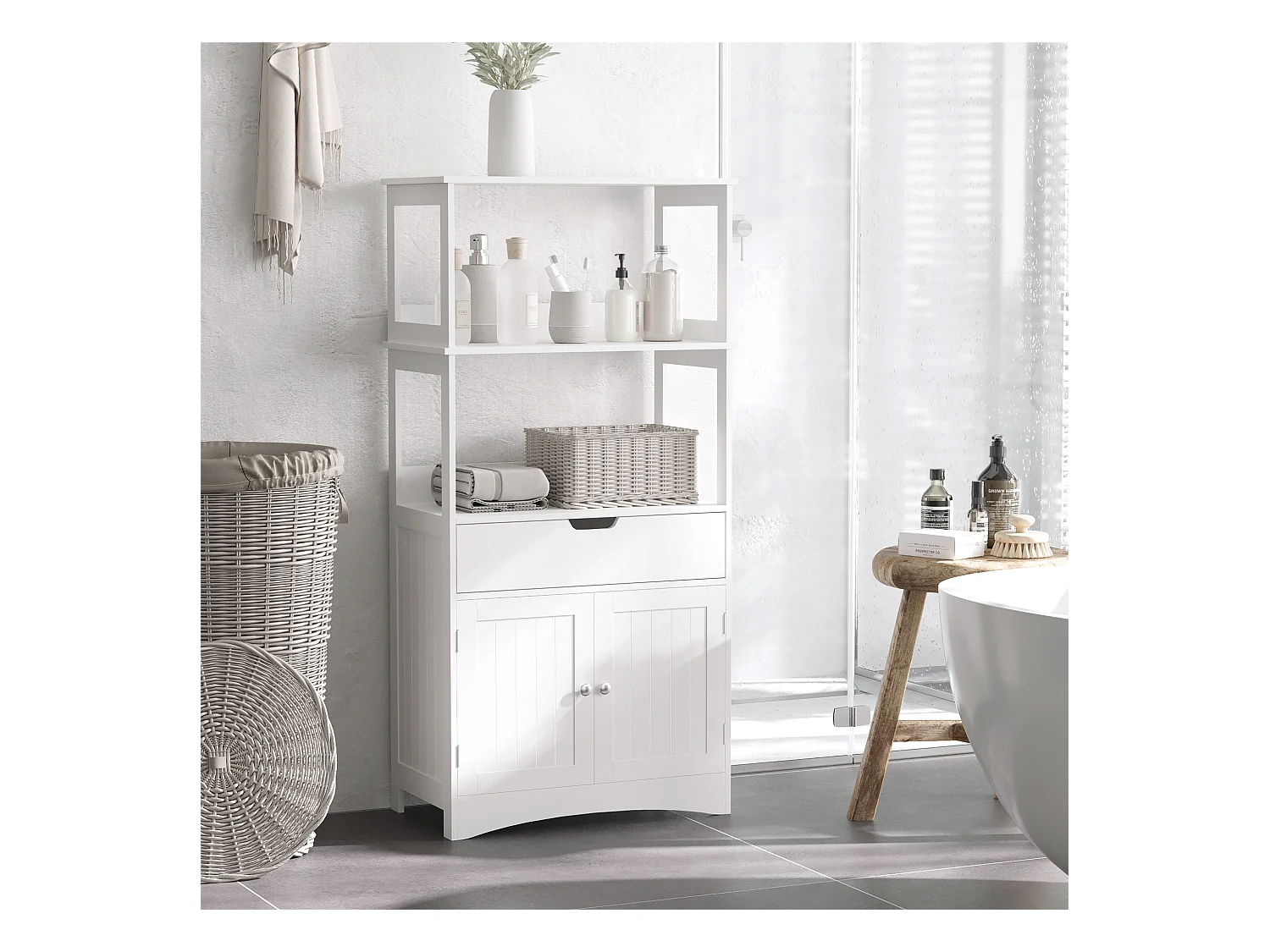 Meuble de rangement salle de bain - 2 portes, tiroir, 3 étagères - dim. 60L x 33l x 122H cm - MDF blanc