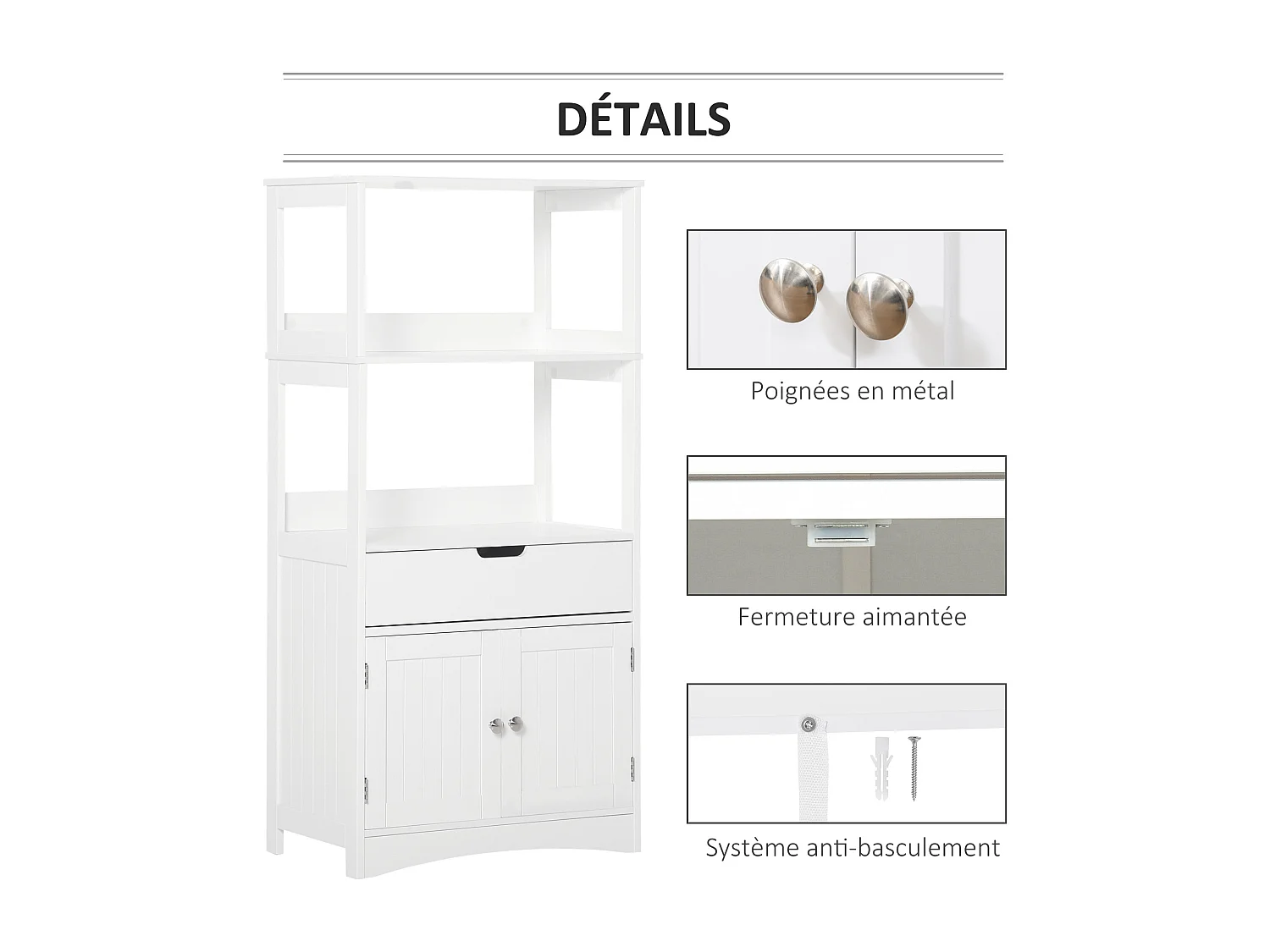 Meuble de rangement salle de bain - 2 portes, tiroir, 3 étagères - dim. 60L x 33l x 122H cm - MDF blanc